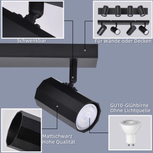 Detailansicht eines schwarzen NETTLIFE Retro-Deckenstrahlers aus Metall mit verstellbarem Kopf und GU10 Fassung.