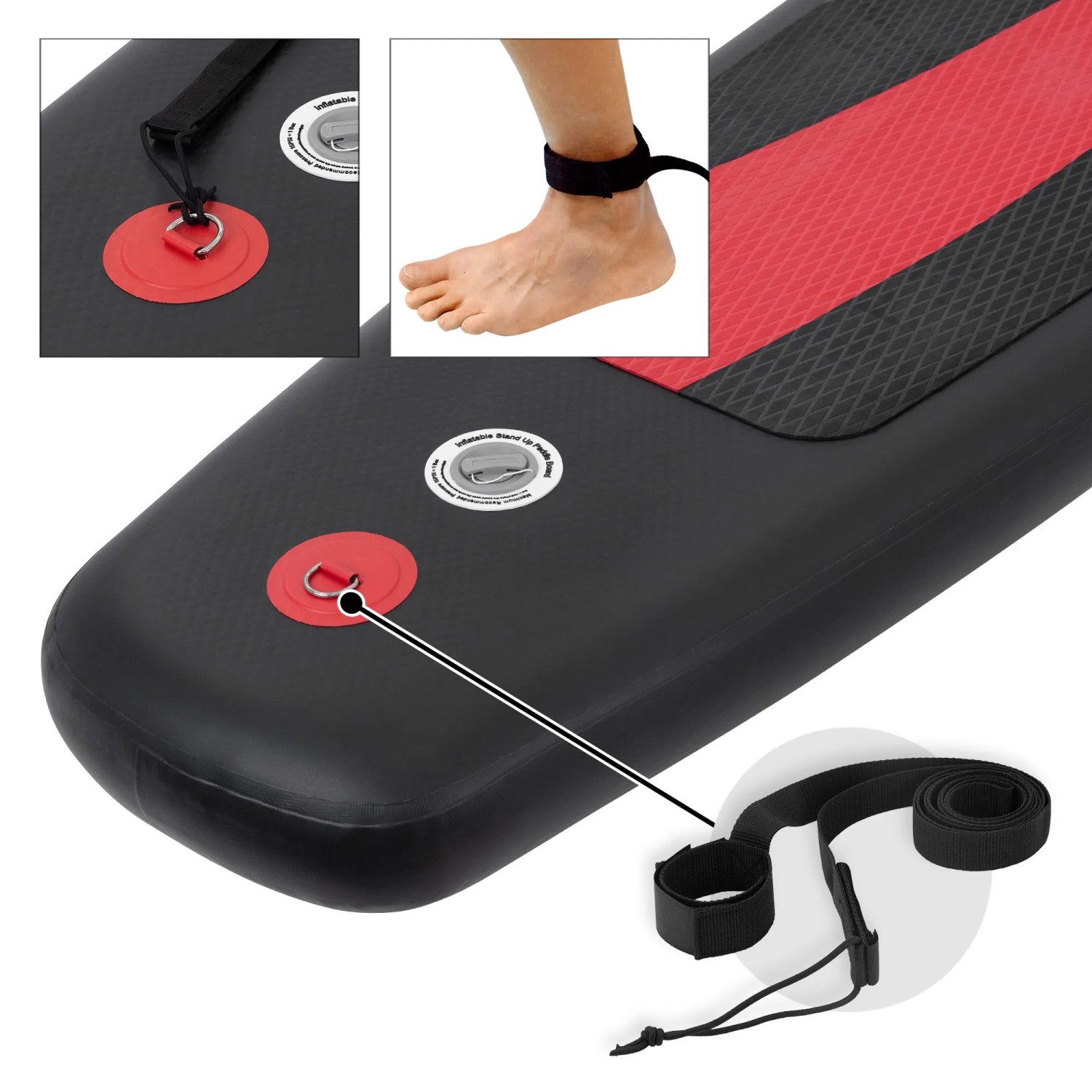 Detailaufnahme: Schwarzes-rotes ECD Germany Stand Up Paddle Board mit Sicherheitsleine.