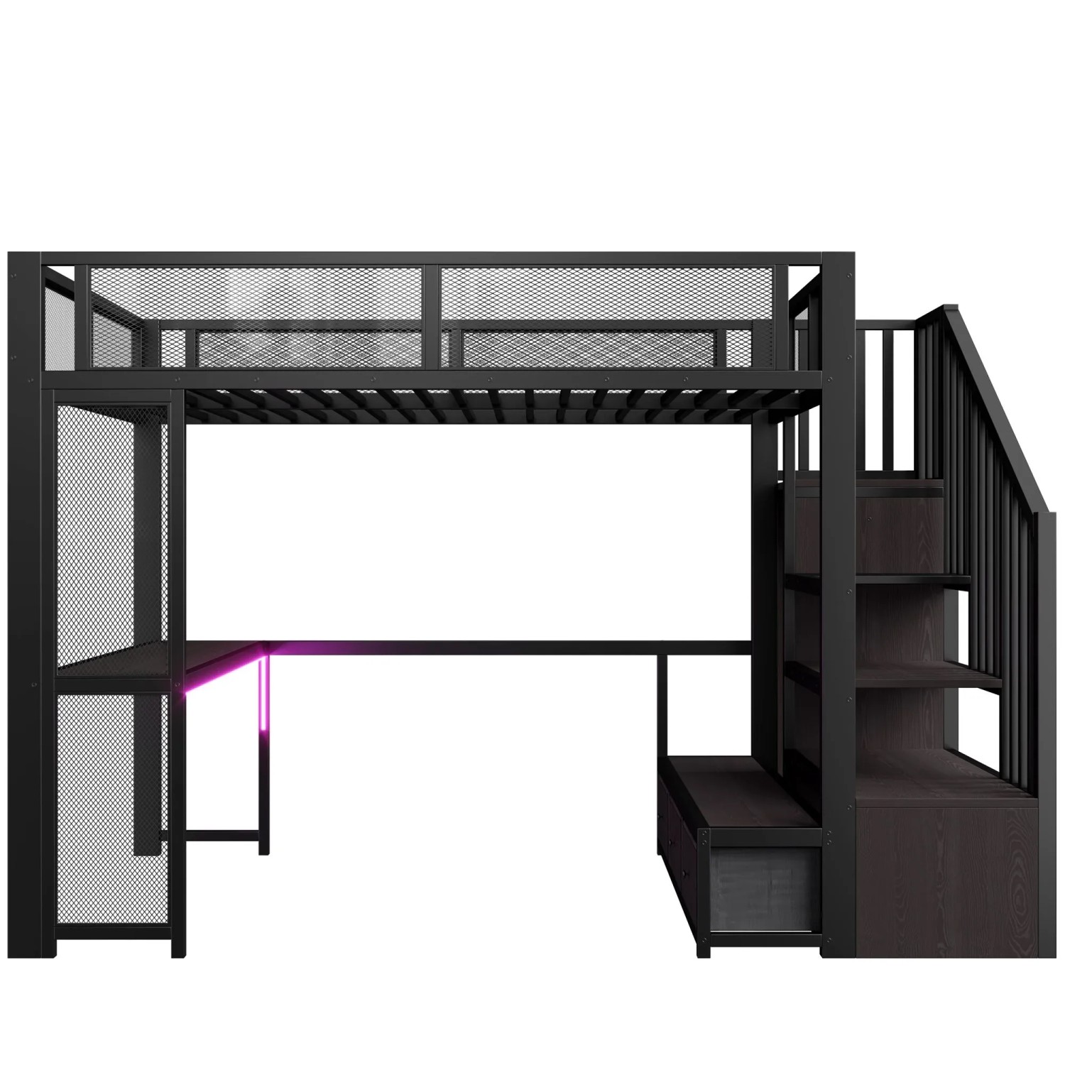 Merax Gaming Metall Hochbett 140x200 cm Mit Treppe Schreibtisch Kleiderschrank USB LED Schwarz