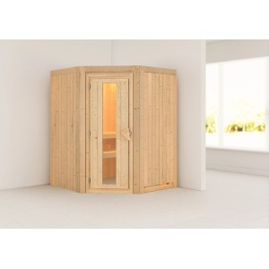Karibu Sauna Lyra Natur, Elementsauna aus Fichte mit Glastür und zwei Liegen.