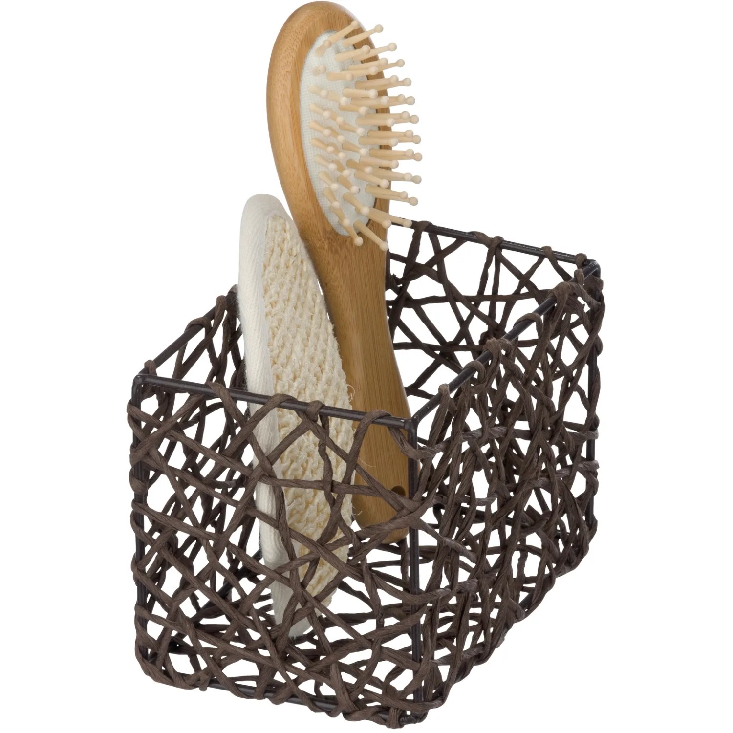 Brauner Wenko Aufbewahrungskorb Curly mit Bürste und Schwamm, Drahtkorb für Bad und Haushalt.