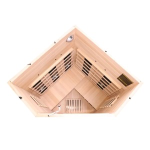 Innenansicht der Dewello Infrarotkabine Lakefield aus Hemlock-Holz mit Vollspektrum- und Karbonstrahlern.