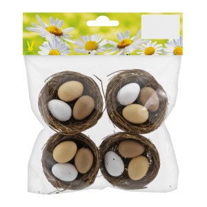Vogelnester-Set, 4 Stück, Ø 5cm, mit Kunststoffeiern in Weiß, Braun und Beige, für Ostern.