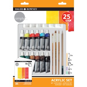 Daler-Rowney Acryl Malset, 25-teilig mit Farben, Pinsel, Bleistift und Papier.