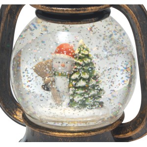 Beleuchtete Schneekugel-Laterne in Bronze mit Schneemann und Tannenbaum, Weihnachtsdekoration.