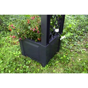 KHW Rosenbogen mit Pflanzkasten in Anthrazit, bepflanzt mit pinken und weißen Blüten.