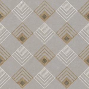 Grau-goldene Vliestapete mit Rautenmuster im Art Deco Stil für Wohn- und Esszimmer.