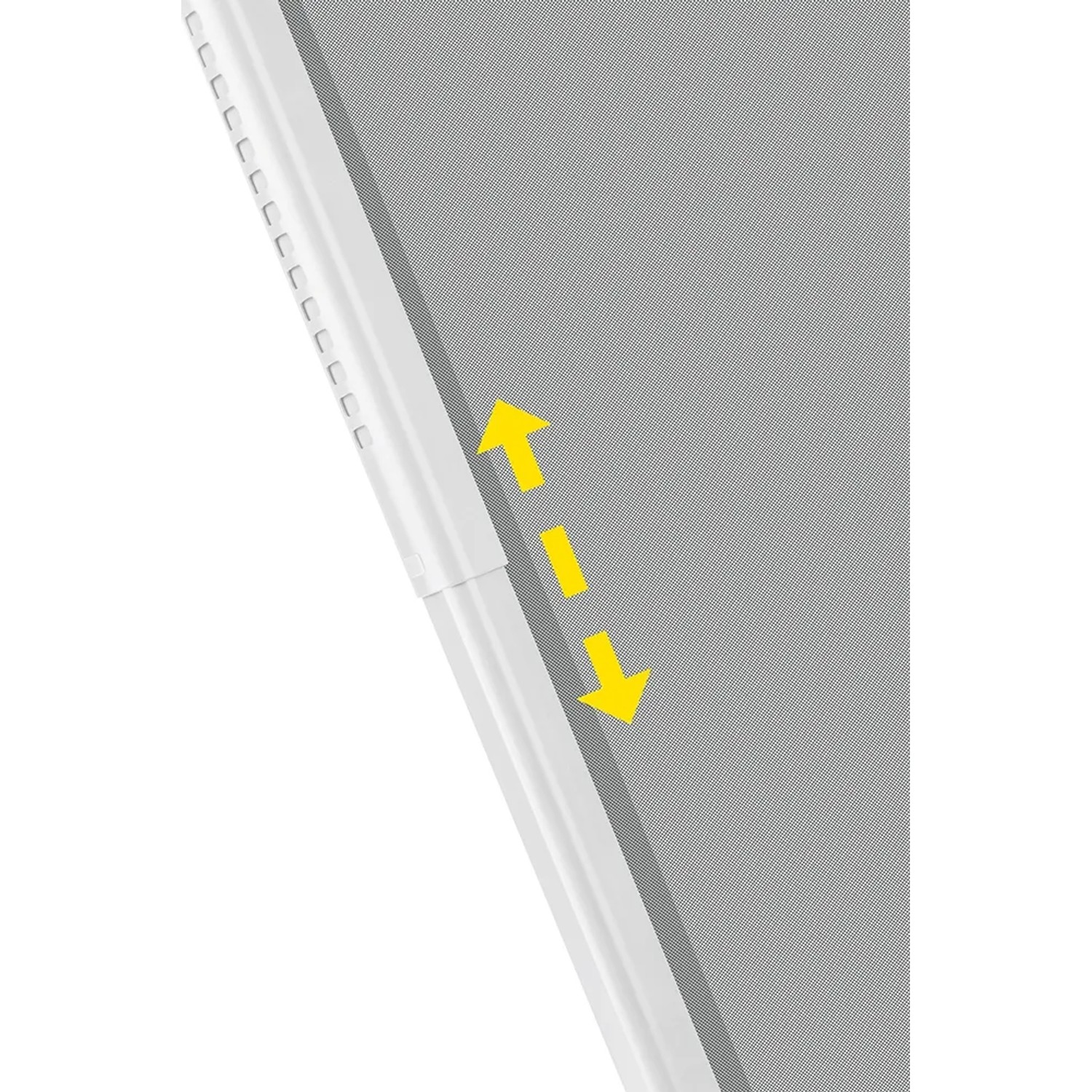 Detailaufnahme des Easymaxx Fenster-Moskitonetzes Magic Fit, weiß, mit Teleskoprahmen und Pfeilen zur Größenanpassung.
