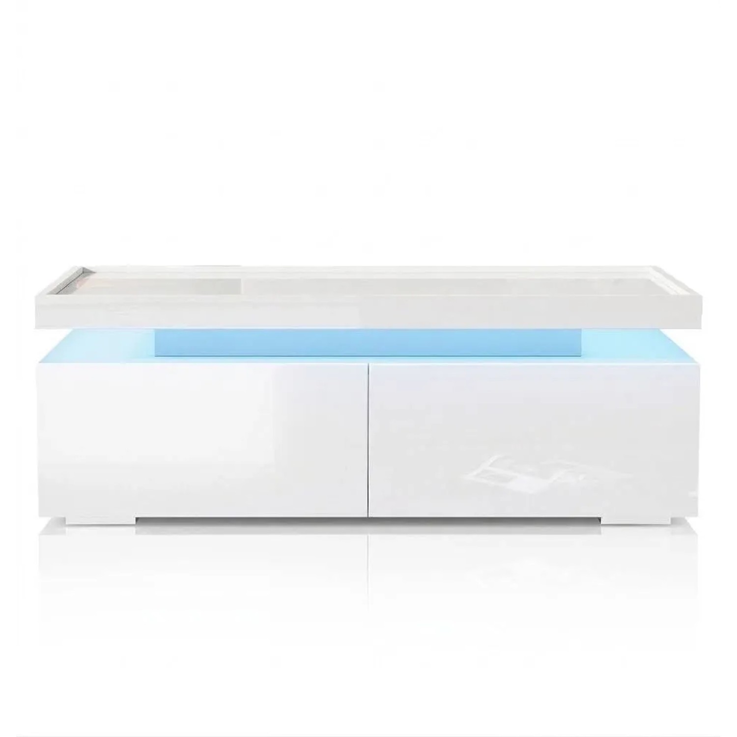 Merax Couchtisch Hochglanz mit LED 2 Schubladen Geometrisches Design Weiß