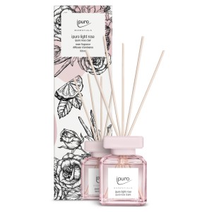 Ipuro Raumduft Light Rose, 100ml, mit Duftstäbchen und Verpackung mit Rosen- und Zitronenmotiv.
