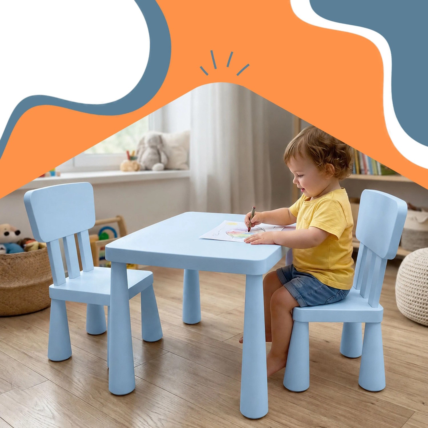Blaue Relaxdays Kindersitzgruppe aus Polypropylen mit Tisch und 2 Stühlen. Kind malt am Kindertisch.