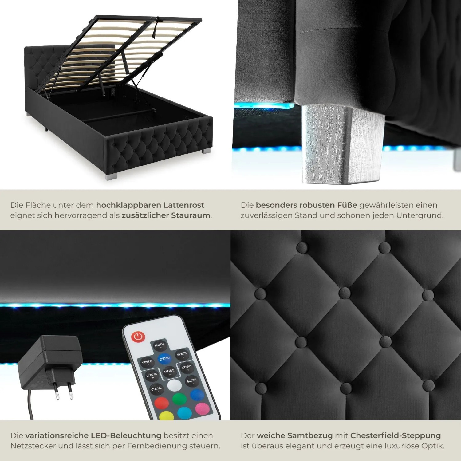 Tectake Polsterbett Sedona In Samtoptik Mit Steppmuster Indirekte Led Beleuchtung An Den Seiten 120 x 200 cm 215 x 129 x 83 cm Samtoptik Schwarz_5