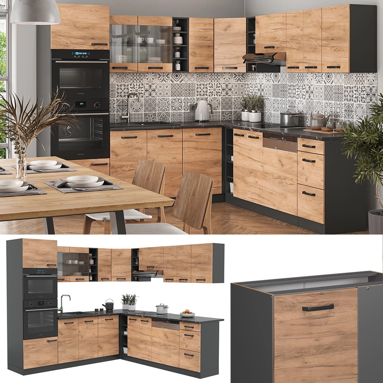 Vicco R-Line Eckküche in Anthrazit/Goldkraft Eiche, 237x247 cm. L-Form Küchenzeile mit Arbeitsplatte.