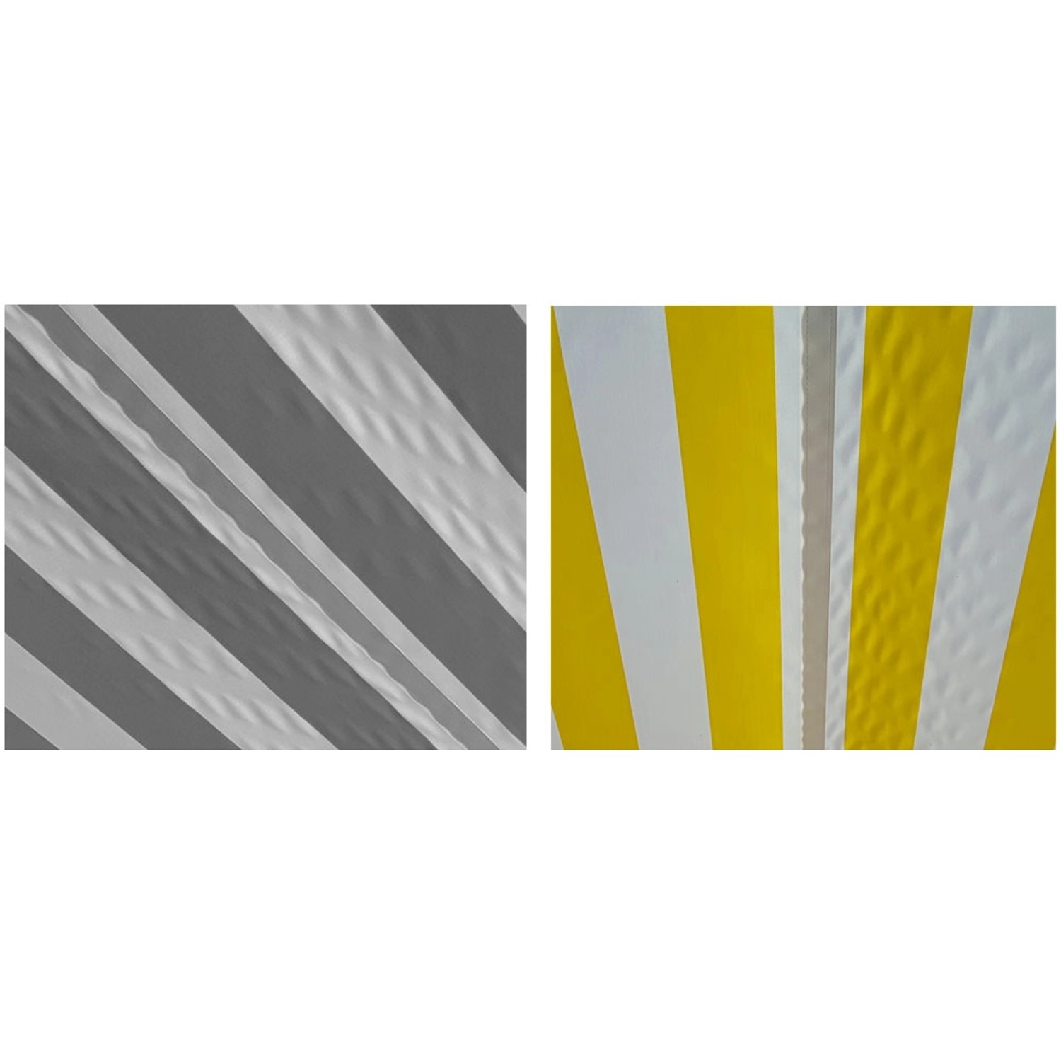 Detailansicht der gestreiften Markisenstoffe in Creme/Grau und Gelb/Weiß.