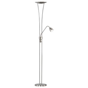 Moderner LED-Deckenfluter in Nickel matt mit Lesearm, 180 cm hoch.