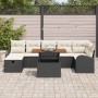Schwarzes 8-teiliges Garten-Sofa-Set aus Polyrattan mit Tisch und Kissen.