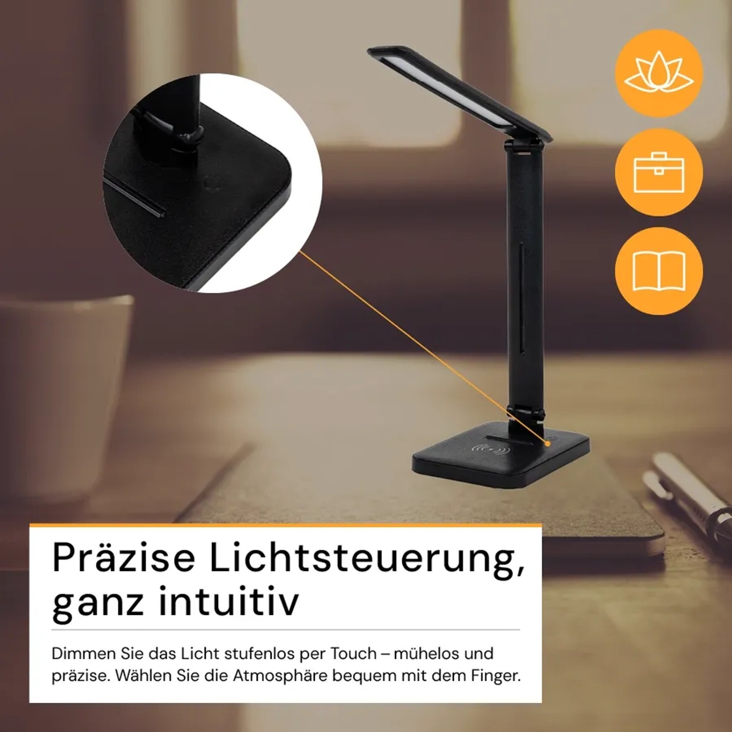 Schwarze ENOVALITE LED Schreibtischleuchte mit induktiver Ladestation auf einem Schreibtisch.