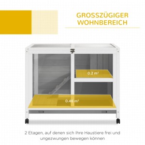Grauer PawHut Hasenstall aus Tannenholz mit 2 Etagen, Rampe und Rollen. Geräumiges Kleintiergehege.