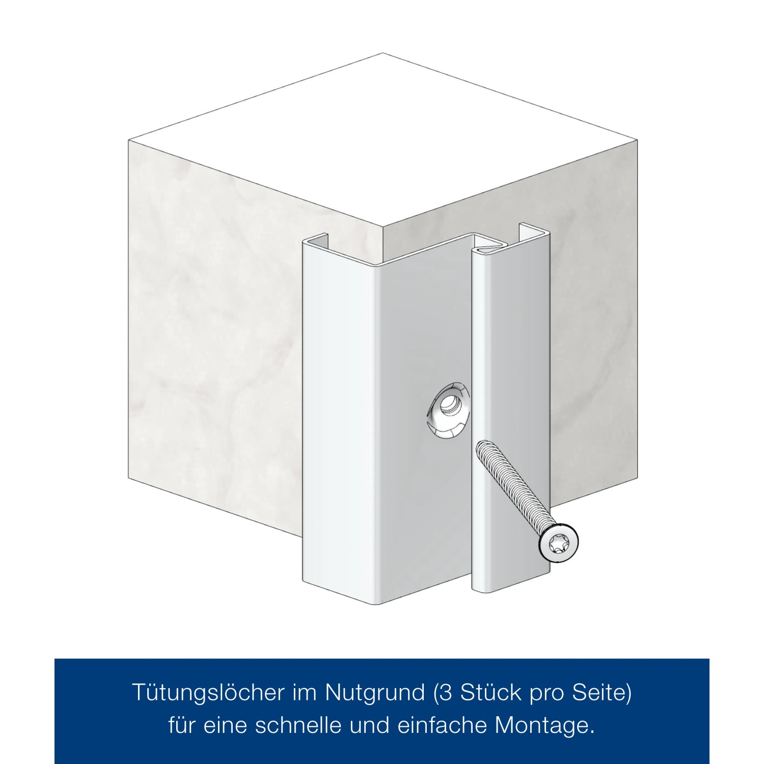 Detailaufnahme: Weiße ZK-Eckzarge für Stahltür, Befestigung mit Schraube.