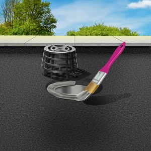 Anwendung von MEM Dicht-Fix Bauabdichtung mit Pinsel, graue Dichtmasse. 