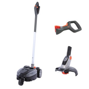 Yard Force Akku-Handmäher iFlex 12 V mit Rasentrimmeraufsatz und Zusatzhandgriff.