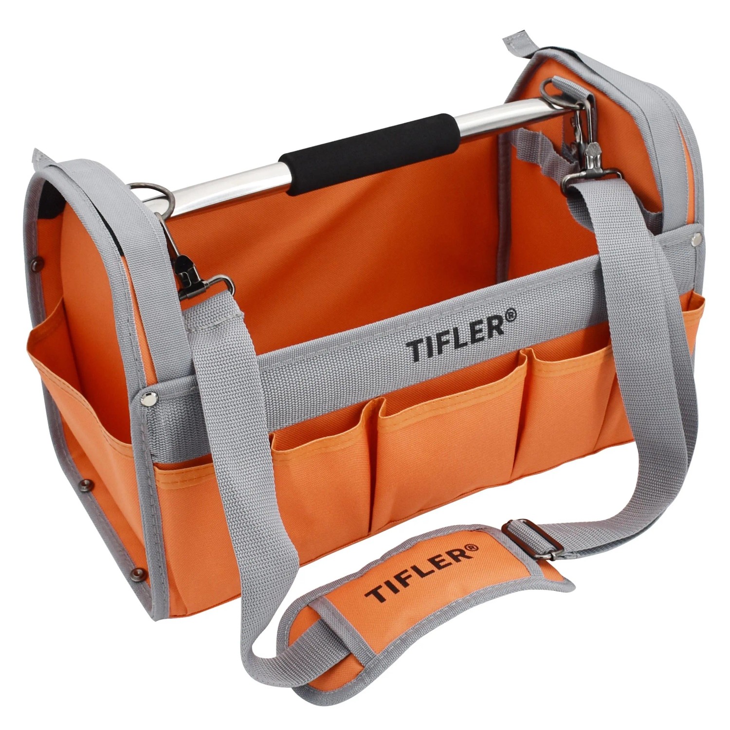 Tifler Werkzeugtrage, 40 cm, mit Schultergurt, orange/grau, viele Taschen.