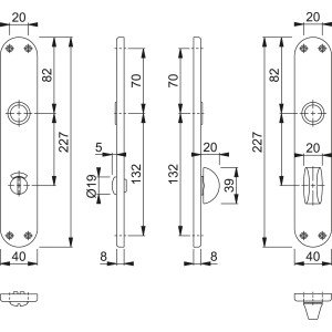 Technische Zeichnung: AnsaPro Bad- und WC-Langschildpaar Eder, Maße und Details des silbernen Aluminium-Türbeschlags.