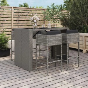 Graues 5-tlg. vidaXL Gartenbar-Set aus Polyrattan mit Tisch, Hockern und Kissen.