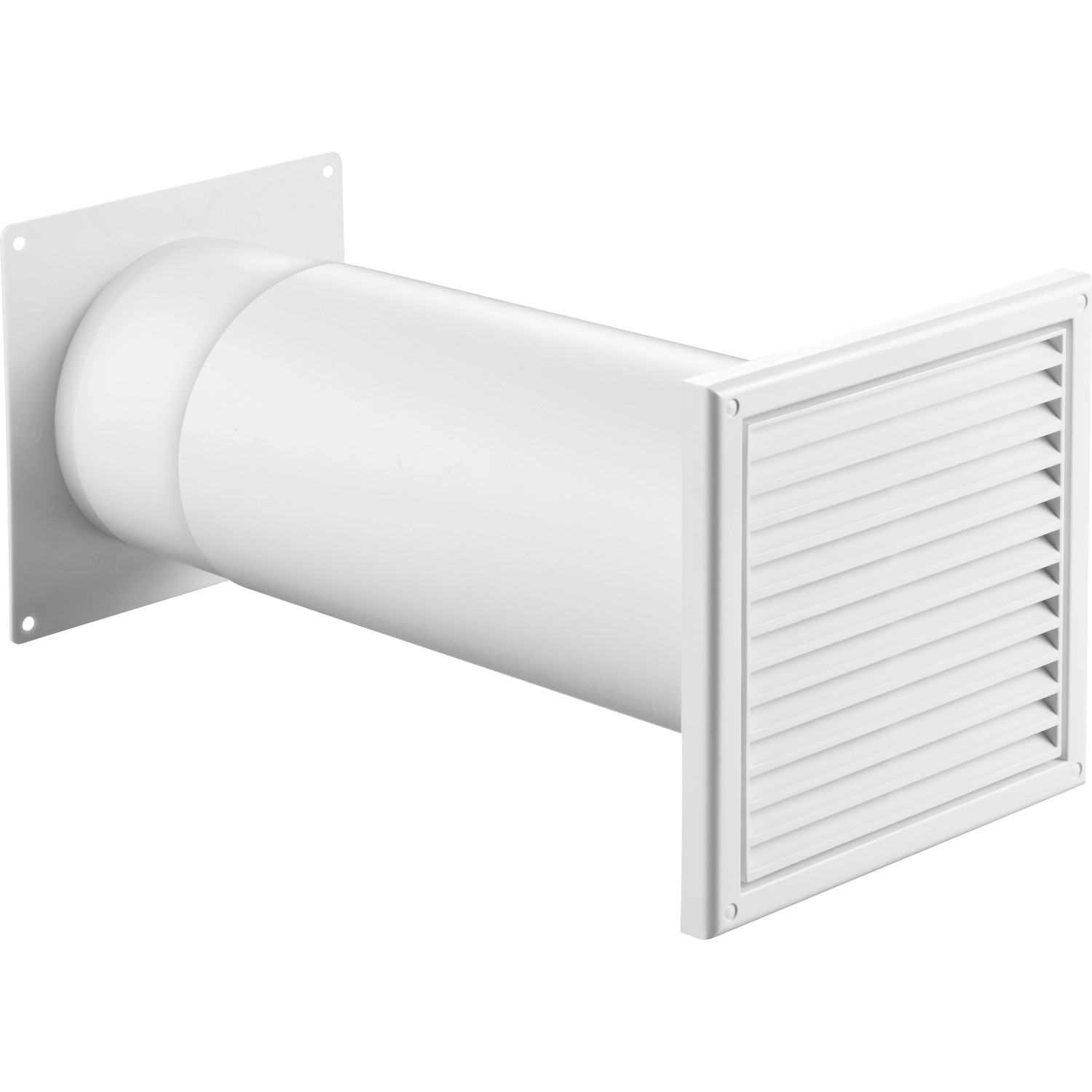 Weißer Teleskop-Mauerkasten mit Rundrohranschluss System 125 für Mauerlüfter.
