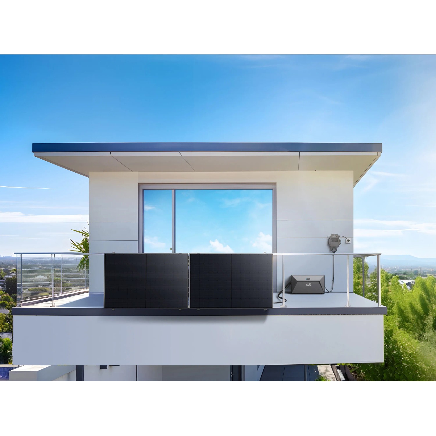 Anker Solix RS40B Balkonkraftwerk mit 2 Solarmodulen und Speicher auf einem Balkon.