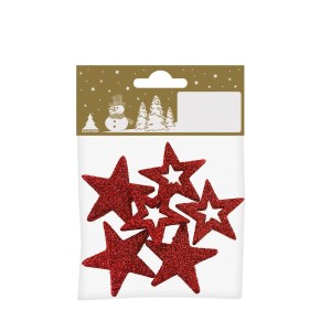 Weihnachtsdeko: 6 rote Glitzersterne aus Styropor, 3,5 cm, offene und geschlossene Formen.