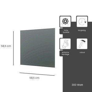 Fenix Infrarotheizung ECOSUN Glasheizung, 300W, Graphit, mit Maßangaben und Icons zu Produkteigenschaften.