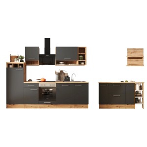 Respekta Küchenblock Hilde 280 cm mit Kücheninsel in Grau, inklusive Elektrogeräte.