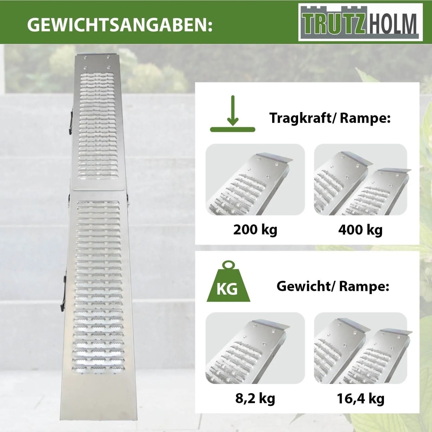 TRUTZHOLM Klappbare Auffahrrampe aus Stahl, geriffelt, Tragkraft 200kg, Zubehör für Autoanhänger.