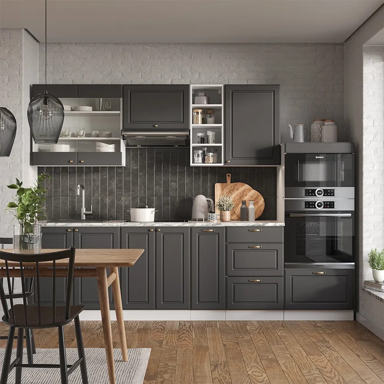 Vicco Fame-Line Küchenzeile, 280 cm, Anthrazit/Weiß, Landhausstil, ohne Arbeitsplatte.