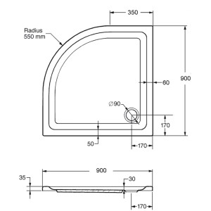 Technische Zeichnung: Ottofond Duschwanne Denia Viertelkreis, 90x90 cm, Maße und Details.