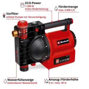 Rote Einhell Gartenpumpe GE-GP 1246 mit Vorfilter und Tragegriff. Ideal für Gartenbewässerung.