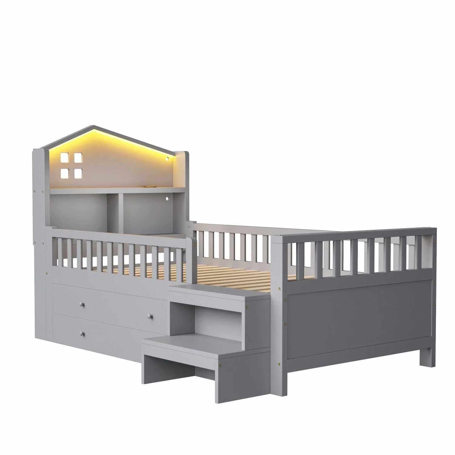 okwish Kinderbett 90x200cm mit LED und USB Type C Kinderzimmer Grau ohne Matratze