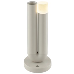 Beige LED Tischleuchte Sayu mit integrierter Vase und warmweißem Licht. Modernes Design, kabellos, dimmbar.