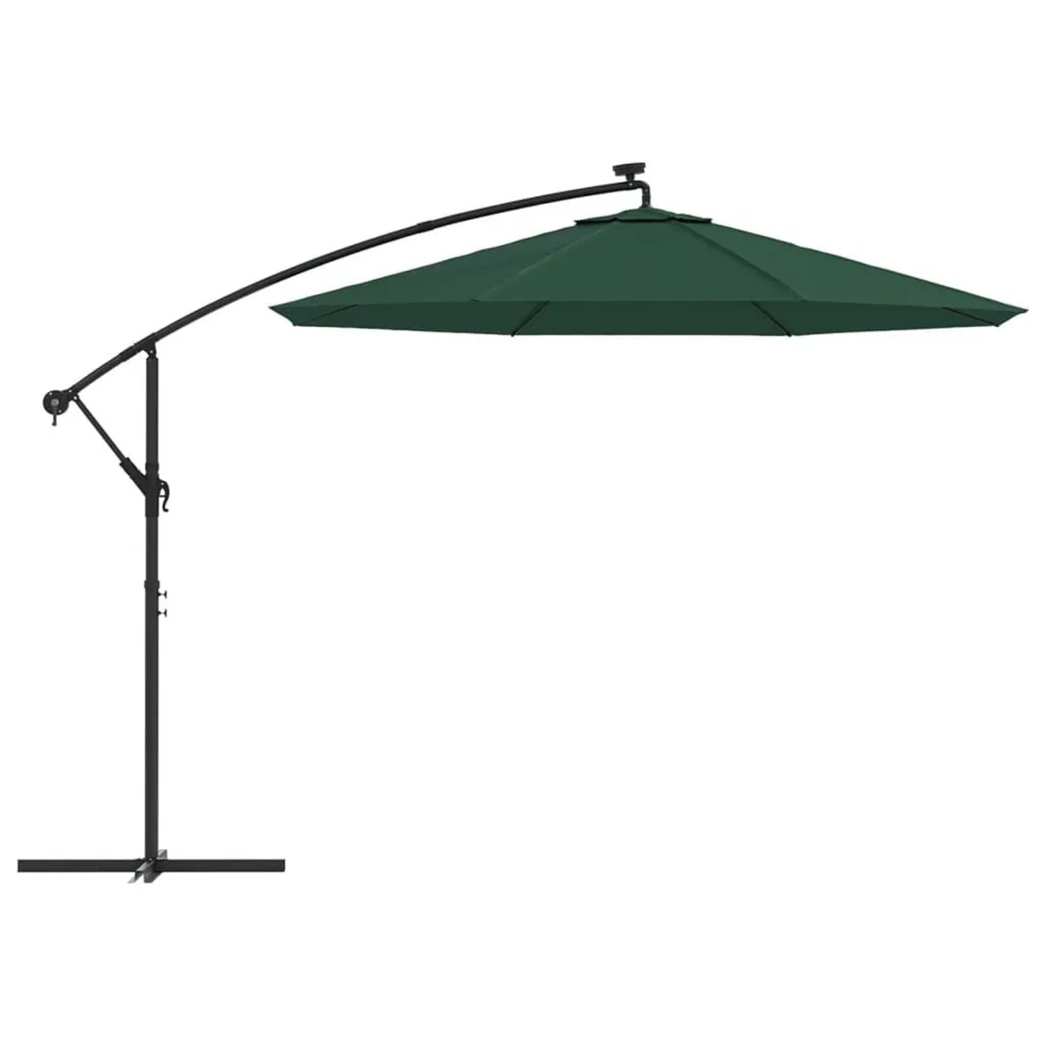 Grüner vidaXL Ampelschirm mit LED-Beleuchtung und Metallmast, 300 cm Durchmesser.