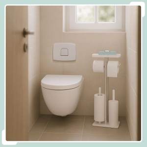 Schwarze Relaxdays WC-Garnitur mit Toilettenpapierhalter, Bürste, Ersatzrollenhalter und Ablage im Badezimmer.