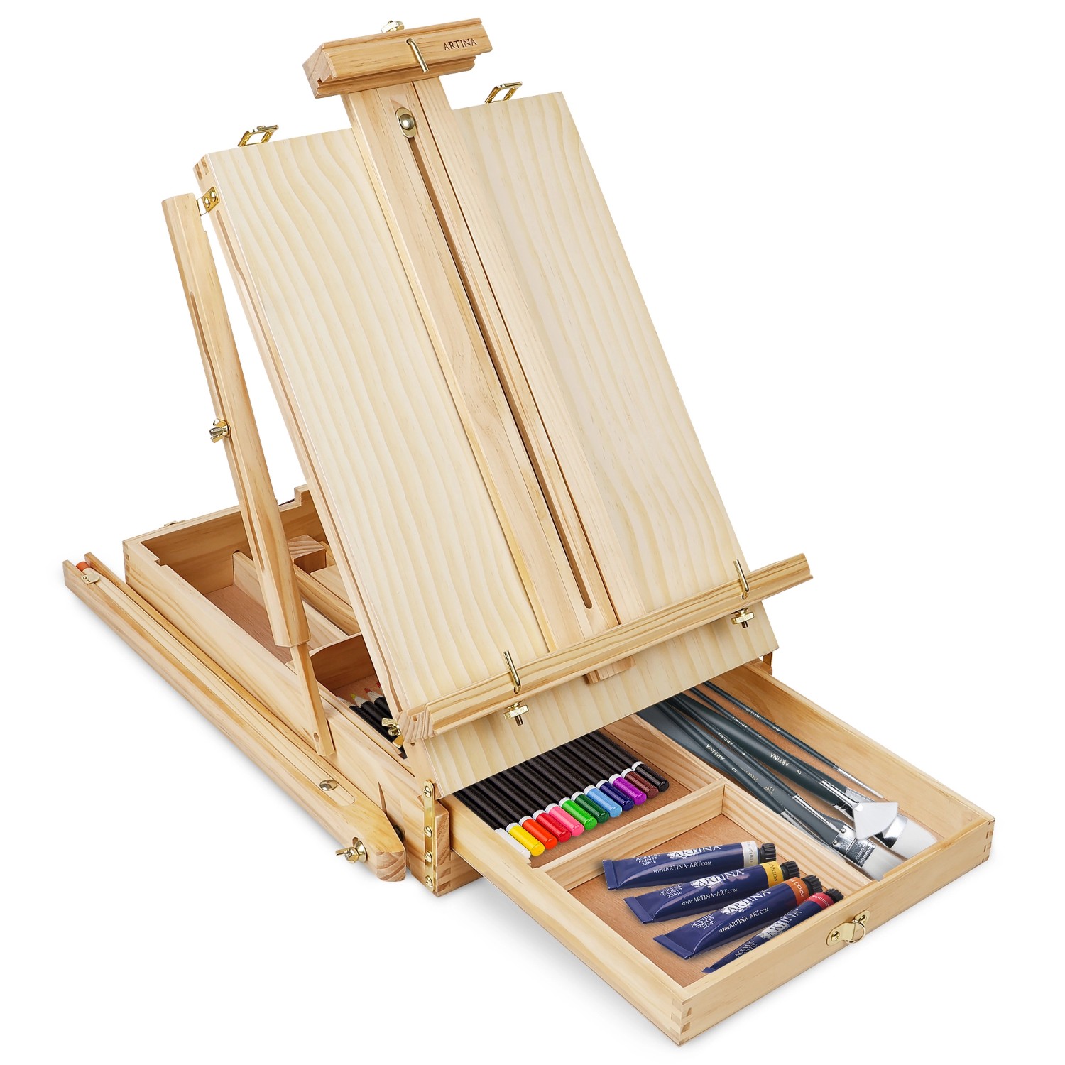 Artina Madrid Kiefer Staffelei mit Malset (30-teilig) mit Farben, Pinseln und Zubehör.