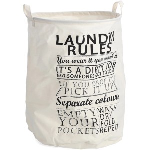 Beiger Wäschesammler aus Canvas mit Aufschrift "Laundry Rules", Ø 38 cm.