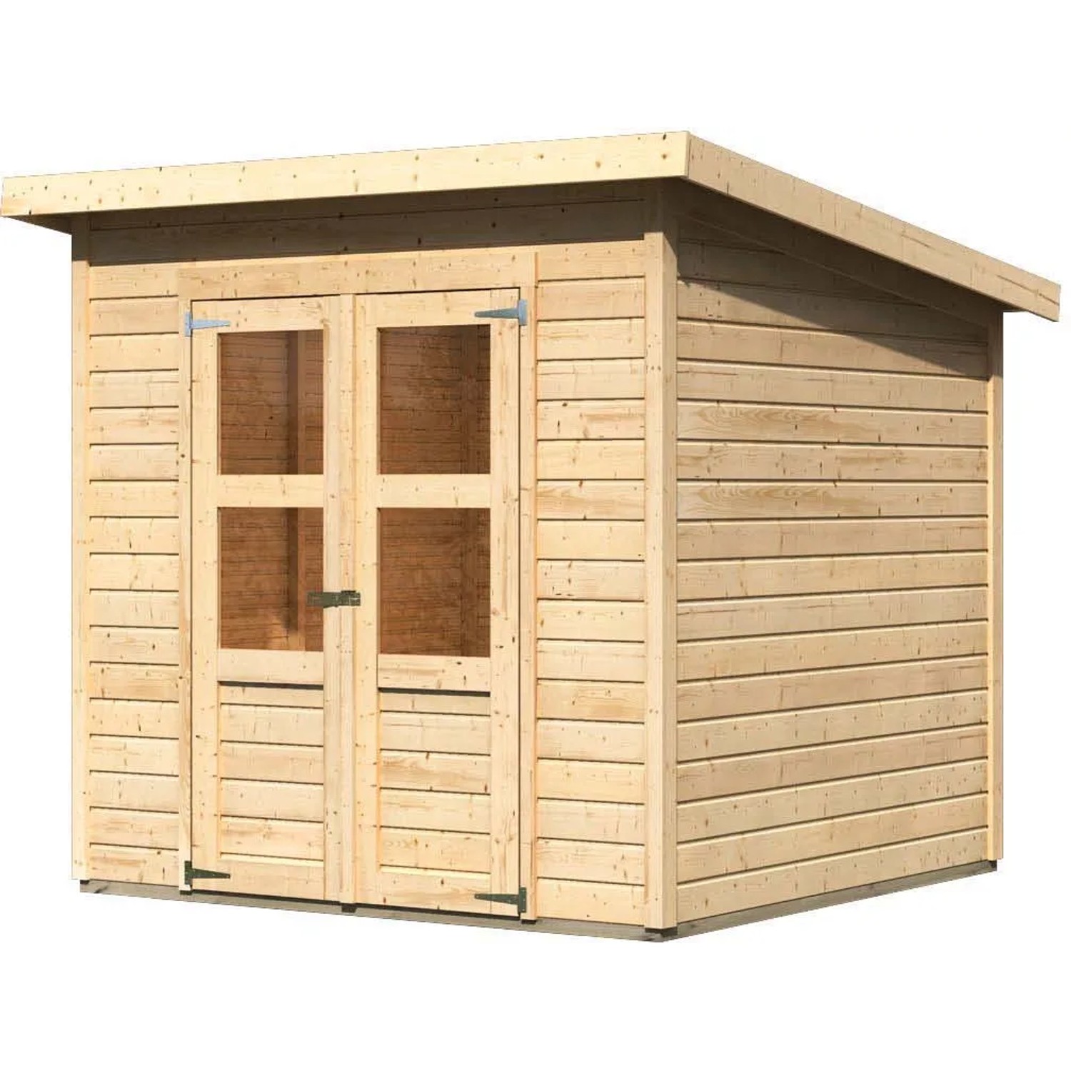 Karibu Holz-Gartenhaus Neuenburg 2, naturbelassen, mit Doppeltür und Pultdach.