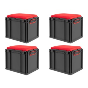 PROREGAL Sparset 4x Eurobox Nextgen Seat Box Rot HxBxT 36,5x30x40cm 30 Liter Griffe Geschlossen Schwarz