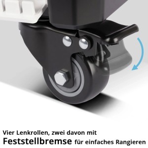 Detailaufnahme: Lenkrolle mit Feststellbremse am STAHLWERK Werkstattwagen.