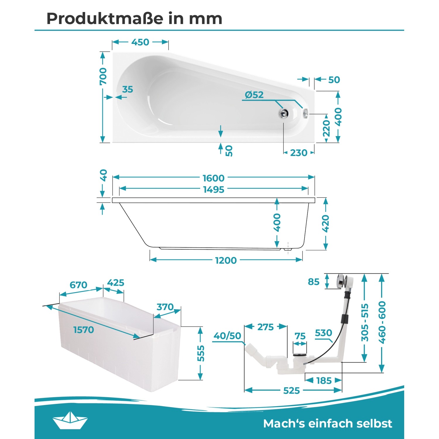 Maßzeichnung Calmwaters Raumsparwanne Essential Small 160x70 cm links mit Wannenträger und Ablaufgarnitur.