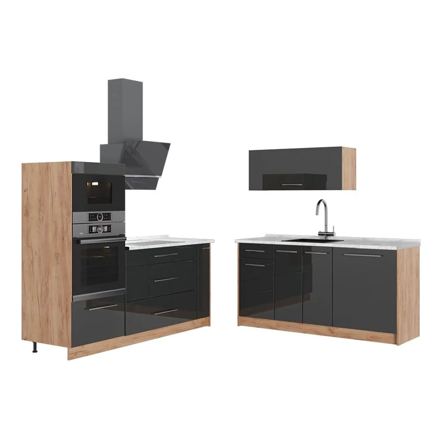 Vicco Küchenzeile Fame-Line Anthrazit Hochglanz/Goldkraft Eiche 340 x 154 AP Marmor Art Nr 63695