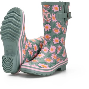 Grüne Rouchette Halbstiefel Daisies mit pink-orangem Gänseblümchenmuster. Bequeme Gartenstiefel aus Kautschuk, Größe 41.
