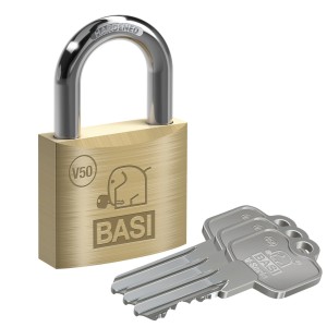 Basi V50 Vorhangschloss, 50mm Messing mit 3 Schlüsseln, verschiedenschließend.